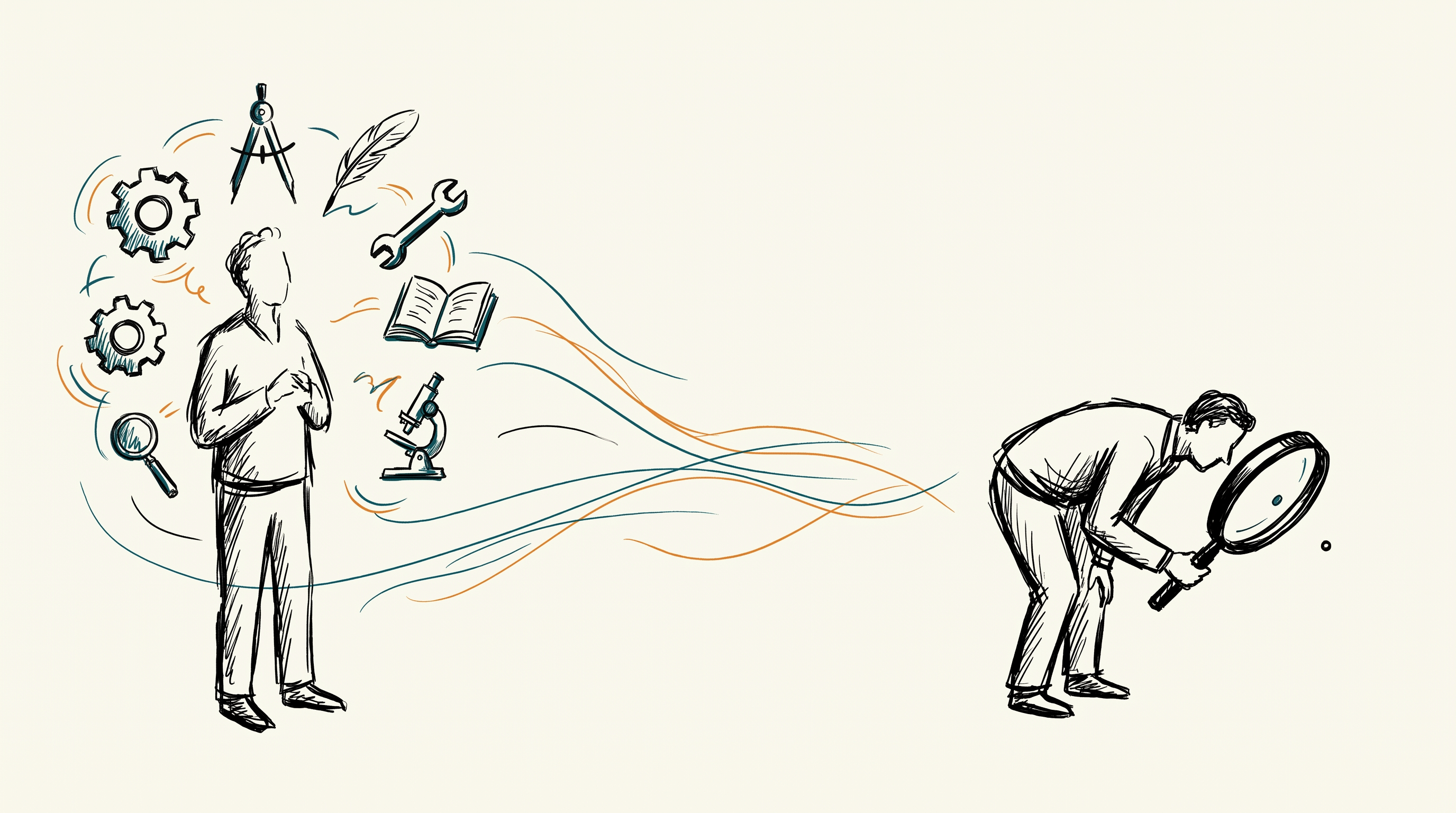 A hand-drawn sketch: on the left a generalist surrounded by many tools — gears, compass, quill, wrench, book, microscope; on the right a specialist bent over a single magnifying glass; teal and orange current lines connecting the two